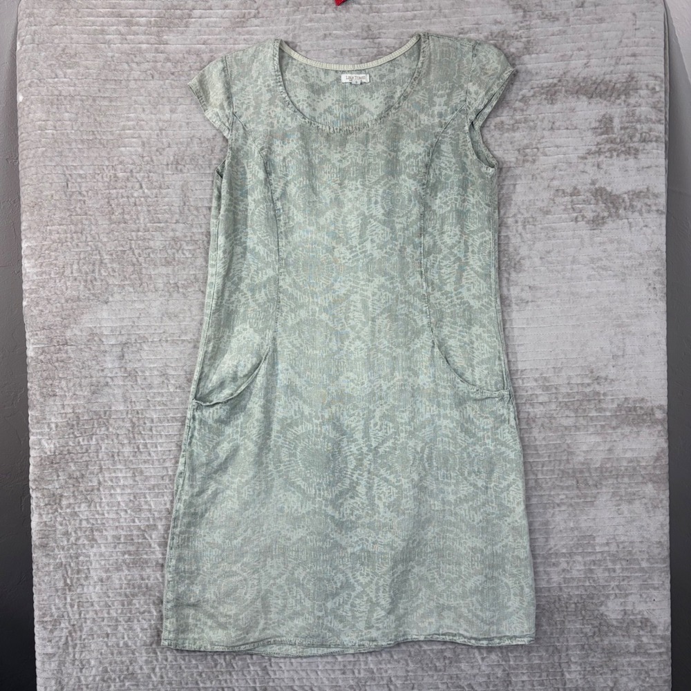 Lina Tomei Italy 100% Linen Shift Dress Sage Green Damask‎ Print Pockets Small